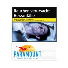 Schachtel Zigaretten Paramount Blue. Weiße Packung mit mit blauem Paramont Logo, Sonne und Vogel.