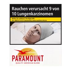 Schachtel Zigaretten Paramount Red. Weiße Packung mit mit rotem Paramont Logo, Sonne und Vogel.