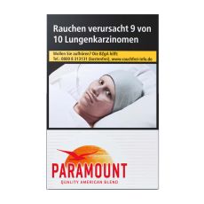 Schachtel Zigaretten Paramount OP. Weiße Packung mit mit rotem Paramont Logo, Sonne und Vogel.