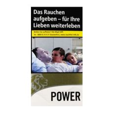 Schachtel Zigaretten Power Gold Long. Schmale gold-weiße Packung mit Löwenkopf und schwarzer Power Aufschrift.