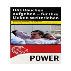 Schachtel Zigaretten Power Red Giga Box. Sehr große rot-weiße Packung mit Löwenkopf und schwarzer Power Aufschrift.