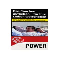 Schachtel Zigaretten Power Red Maxi Box. Große rot-weiße Packung mit Löwenkopf und schwarzer Power Aufschrift.