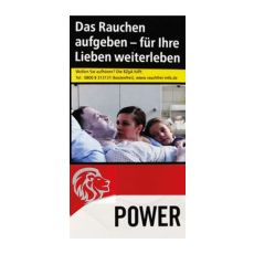 Schachtel Zigaretten Power Red Long. Schmale rot-weiße Packung mit Löwenkopf und schwarzer Power Aufschrift.