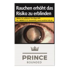 Schachtel Zigaretten Prince Denmark Rounded. Weiße Packung mit silberner Krone und Prince Aufschrift.