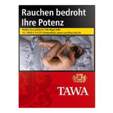 Schachtel  Zigaretten Tawa Rot XXL. Rote Packung mit weißer Tawa Aufschrift und goldenem Wappen mit Löwen.