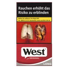 Schachtel Zigaretten West Original Red Long. Schlanke rot-graue Packung mit schwarz-weißem West Logo.