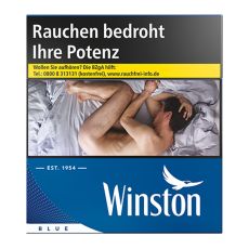 Schachtel Zigaretten Winston blau 6XL. Blaue Packung mit weißem Winston Logo und Warnbild.