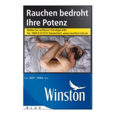 Schachtel Zigaretten Winston blau. Blaue Packung mit weißem Winston Logo und Warnhinweis.