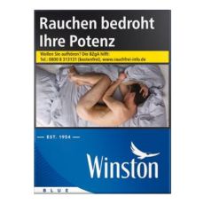 Schachtel Zigaretten Winston blue XL. Blaue Packung mit weißem Winston Logo und Warnhinweis.