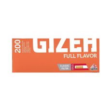 Packung Zigarettenhülsen Gizeh Full Flavor. Orange Packung mit weißer Gizeh Aufschrift und Gizeh Logo.