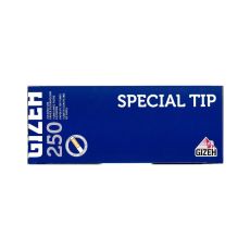 Packung Zigarettenhülsen Gizeh Special Tip 250. Blaue Packung mit weißer Special Tip Aufschrift und Gizeh Logo.