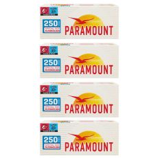 Gebinde Zigarettenhülsen Paramount Red 250 Special Size. Vier weiße Packungen mit rotem Paramount Logo.
