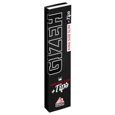 Packung Zigarettenpapier Gizeh Black King Size Slim + Tips. Schwarzes Heft mit roter King Size Slim und weißer +Tips Aufschrift.
