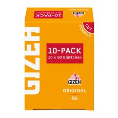 Packung Zigarettenpapier Gizeh Original 10er Pack. Orange Packung mit weißer Gizeh und rotem Botton 10-Pack.