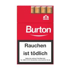 Schachtel Zigarillos Burton Original Rot L. Rote Packung mit weißer Burton Aufschrift und Logo.