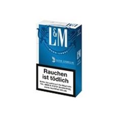 Schachtel Filterzigarillos L&M Blau Label. Blaue Schachtel mit weißem L&M Logo.