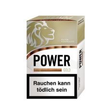 Schachtel Filterzigarillos Power Gold. Gold-weiße Packung mit Zigarillo und schwarzer Power Aufschrift.