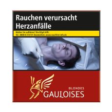 Schachtel Zigaretten Gauloises Blondes rot 53 Stück. Rote Schachtel mit gelb-weißem Gauloises Logo.