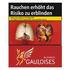 Schachtel Zigaretten Gauloises Blondes rot. Rote Schachtel mit gelb-weißem Gauloises Logo.