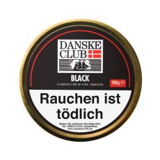 Dose Danske Club Pfeifentabak Black. Schwarze Dose mit Danske Club Logo und weißer Black Aufschrift.
