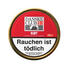 Dose Danske Club Pfeifentabak Ruby. Rote Dose mit Danske Club Logo und weißer Ruby Aufschrift.