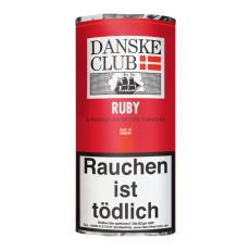 Pouch Danske Club Pfeifentabak Ruby 50g. Rotes Päckchen mit Danske Logo und weißer Ruby Aufschrift.
