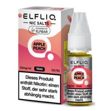 Elfbar Elfliq Nic Salt Liquid Apple Peach. Rosa-pfirsichfarbende gemusterte Packung mit großer Elfliq Aufschrift und PET-Flasche.