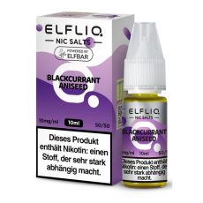 Elfbar Elfliq Nic Salt Liquid Blackcurrant Aniseed. Lila gemusterte Packung mit großer Elfliq Aufschrift und PET-Flasche.