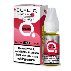 Elfbar Elfliq Nic Salt Liquid Cherry. Rot-rosa gemusterte Packung mit großer Elfliq Aufschrift und PET-Flasche.