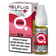 Elfbar Elfliq Nic Salt Liquid Cherry 20mg. Rot-rosa gemusterte Packung mit großer Elfliq Aufschrift und PET-Flasche.