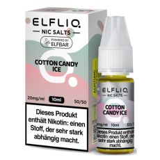 Elfbar Elfliq Nic Salt Liquid Cotton Candy Ice. Rosa-mintgrüne gemusterte Packung mit großer Elfliq Aufschrift und PET-Flasche.