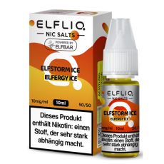 Elfbar Elfliq Nic Salt Liquid Elfstorm Ice. Oker-gelb gemusterte Packung mit großer Elfliq Aufschrift und PET-Flasche.