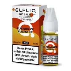 Elfbar Elfliq Nic Salt Liquid Elfstorm Ice. Oker-gelb gemusterte Packung mit großer Elfliq Aufschrift und PET-Flasche.