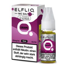 Elfbar Elfliq Nic Salt Liquid Grape. Lila gemusterte Packung mit großer Elfliq Aufschrift und PET-Flasche.