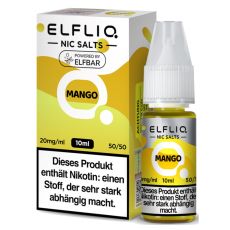 Elfbar Elfliq Nic Salt Liquid Mango. Gelb-weiße gemusterte Packung mit großer Elfliq Aufschrift und PET-Flasche.