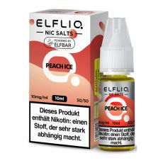 Elfbar Elfliq Nic Salt Liquid Peach Ice. Pfirsichfarbend gemusterte Packung mit großer Elfliq Aufschrift und PET-Flasche.