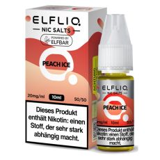 Elfbar Elfliq Nic Salt Liquid Peach Ice. Pfirsichfarbend gemusterte Packung mit großer Elfliq Aufschrift und PET-Flasche.