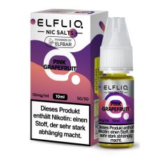 Elfbar Elfliq Nic Salt Liquid Pink Grapefruit. Rosa-lila gemusterte Packung mit großer Elfliq Aufschrift und PET-Flasche.