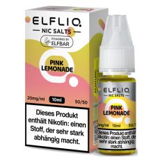 Elfbar Elfliq Nic Salt Liquid Pink Lemonade. Rosa-hellgrün gemusterte Packung mit großer Elfliq Aufschrift und PET-Flasche.