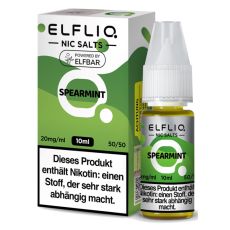 Elfbar Elfliq Nic Salt Liquid Spearmint. Grün gemusterte Packung mit großer Elfliq Aufschrift und PET-Flasche.