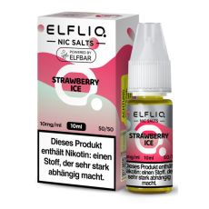 Elfbar Elfliq Nic Salt Liquid Strawberry Ice. Rosa-mintgrüne gemusterte Packung mit großer Elfliq Aufschrift und PET-Flasche.