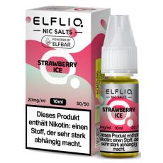 Elfbar Elfliq Nic Salt Liquid Strawberry Ice. Rosa-mindgrüne gemusterte Packung mit großer Elfliq Aufschrift und PET-Flasche.