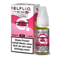 Elfbar Elfliq Nic Salt Liquid Strawberry Ice Cream. Rosa gemusterte Packung mit großer Elfliq Aufschrift und PET-Flasche.