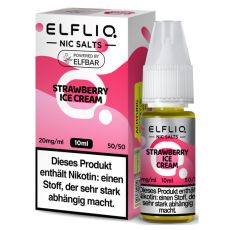 Elfbar Elfliq Nic Salt Liquid Strawberry Ice Cream. Rosa gemusterte Packung mit großer Elfliq Aufschrift und PET-Flasche.