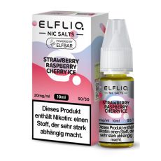 Elfbar Elfliq Nic Salt Liquid Strawberry Raspberry Cherry Ice. Rosa-helllila gemusterte Packung mit großer Elfliq Aufschrift und PET-Flasche.