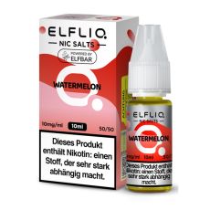 Elfbar Elfliq Nic Salt Liquid Watermelon. Rot-rosa gemusterte Packung mit großer Elfliq Aufschrift und PET-Flasche.