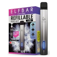 Elfbar E-Zigarette Elfa Turbo Aurora Black. Schwarz-silbernes Gerät in Pen-Optik mit grau-lila Verpackung.