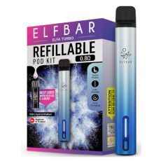 Elfbar E-Zigarette Elfa Turbo Aurora Cyan. Blau-silbernes Gerät in Pen-Optik mit grau-lila Verpackung.