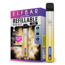 Elfbar E-Zigarette Elfa Turbo Aurora Gold. Gold-silbernes Gerät in Pen-Optik mit grau-lila Verpackung.