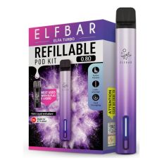 Elfbar E-Zigarette Elfa Turbo Aurora Purple. Lila-silbernes Gerät in Pen-Optik mit grau-lila Verpackung.